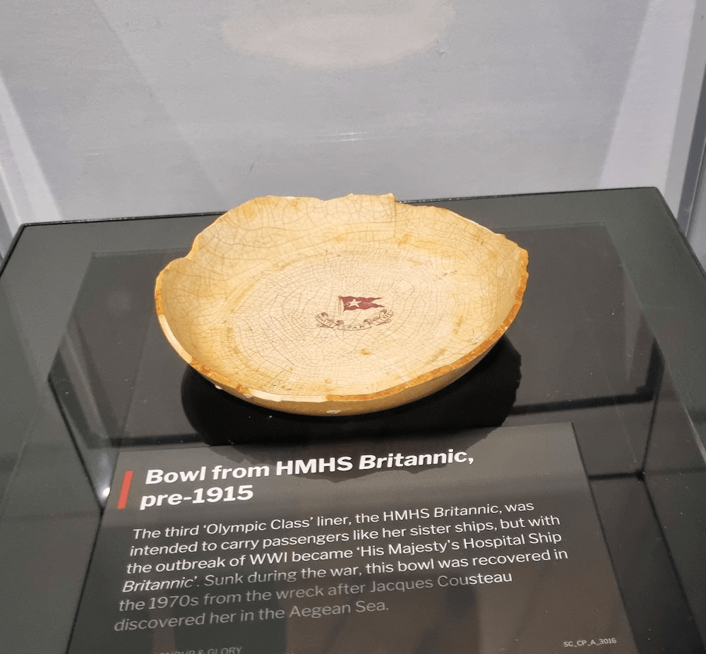 A bowl from Titanic's sister-ship Britannic - sunk by a German U-boat in World War One. Titanic the Human Story