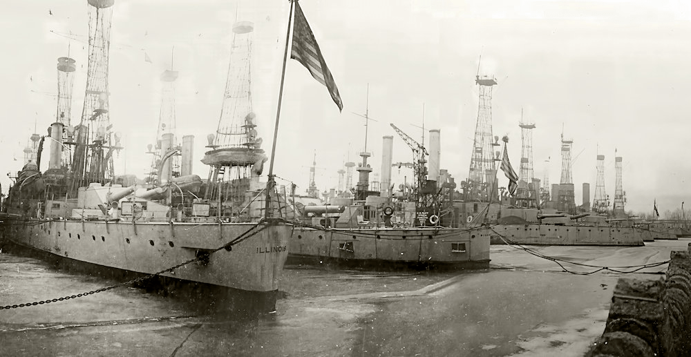 December 1919 at the Philadelphia Navy Yard by the Public Ledger Co. From left to right USS Illinois (BB-7), Wisconsin (BB-9), Iowa (BB-4), Massachusetts (BB-2), Indiana (BB-1), Kearsarge (BB-5), Kentucky (BB-6) and Maine (BB-10)