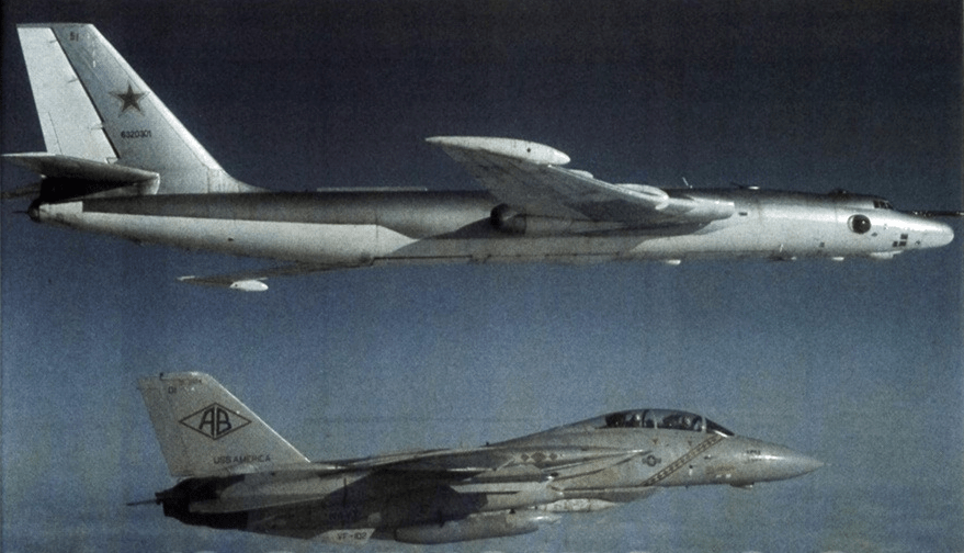 F-14A Tomcat of VF-102 intercepting a Myasischev 3M Bison c1983