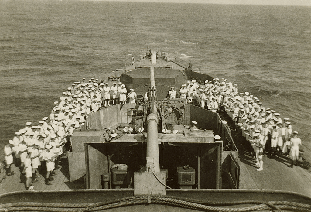 HMS Frobisher with a church service on the quarterdeck