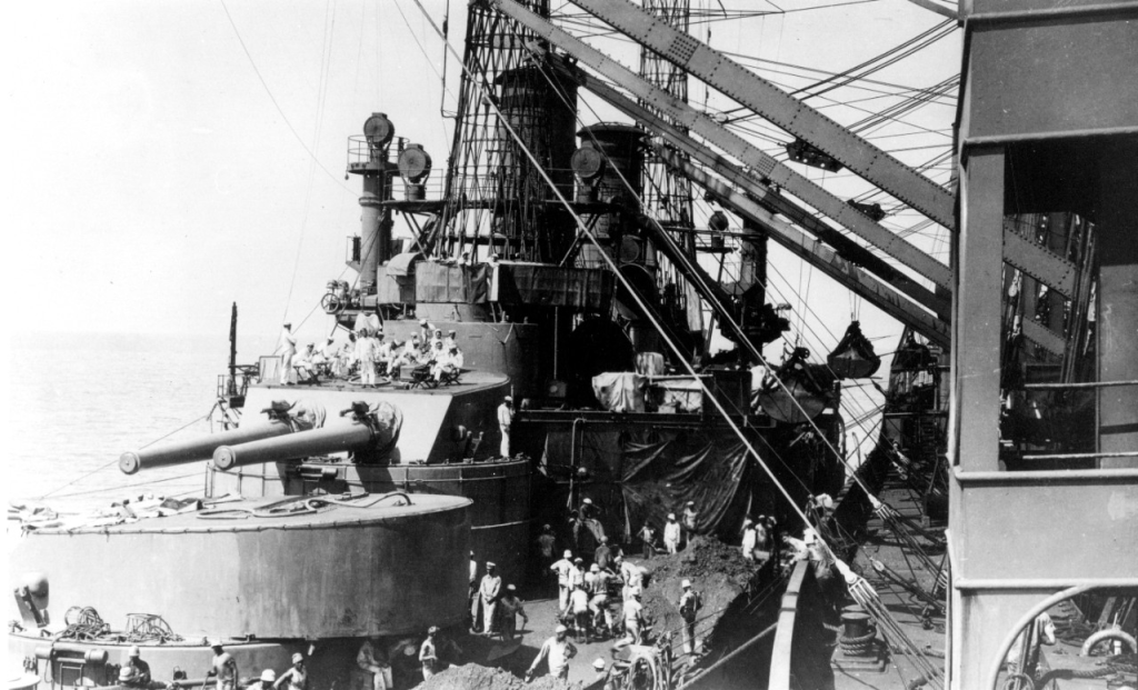 USS Michigan BB-27 taking on coal from USS Jason (Collier # 12), while off Vera Cruz, Mexico, in April-June 1914