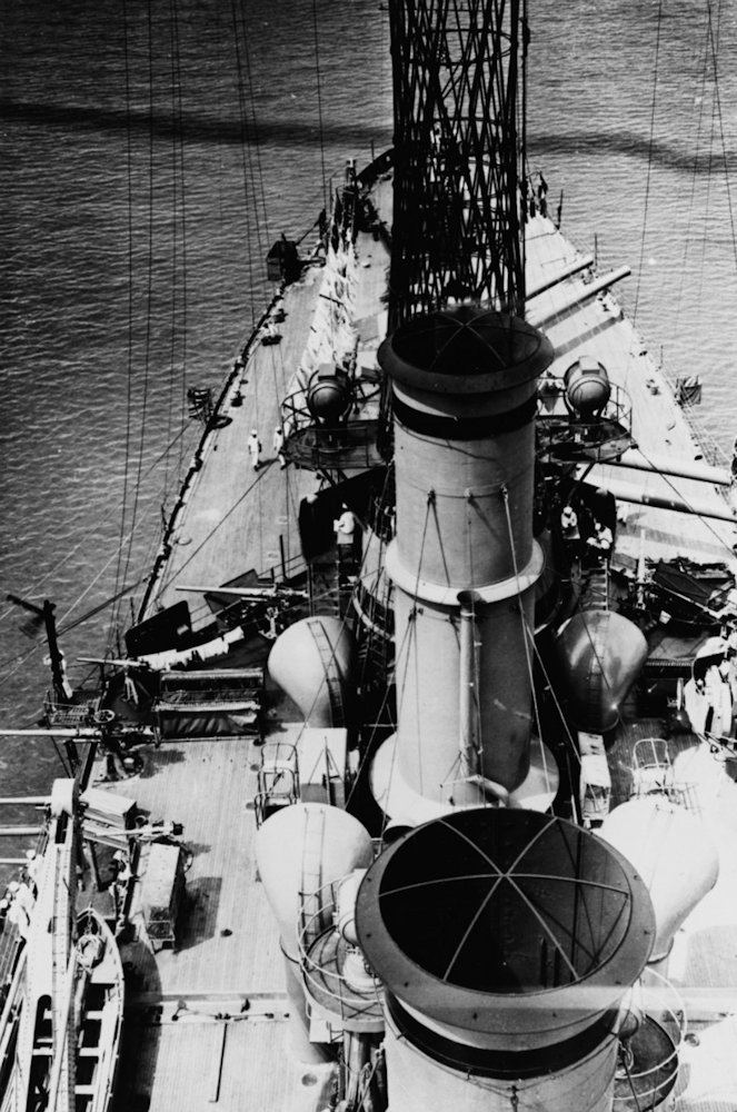 USS Michigan BB-27 circa 1914, looking aft from the foretop