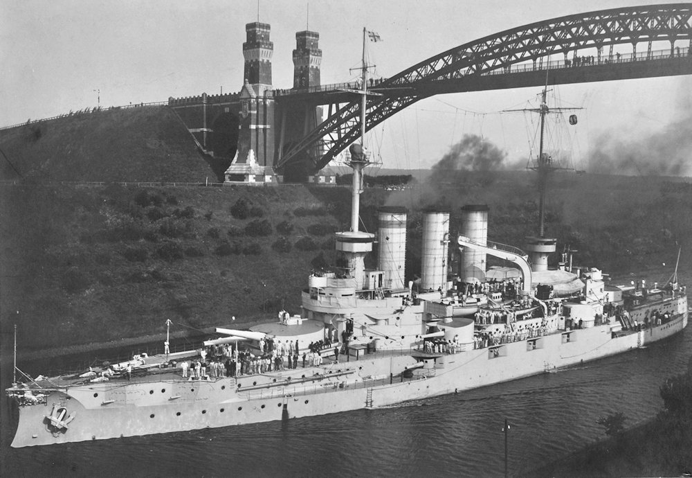 SMS Braunschweig transiting the Kiel Canal and just passing under the Levensau Bridge