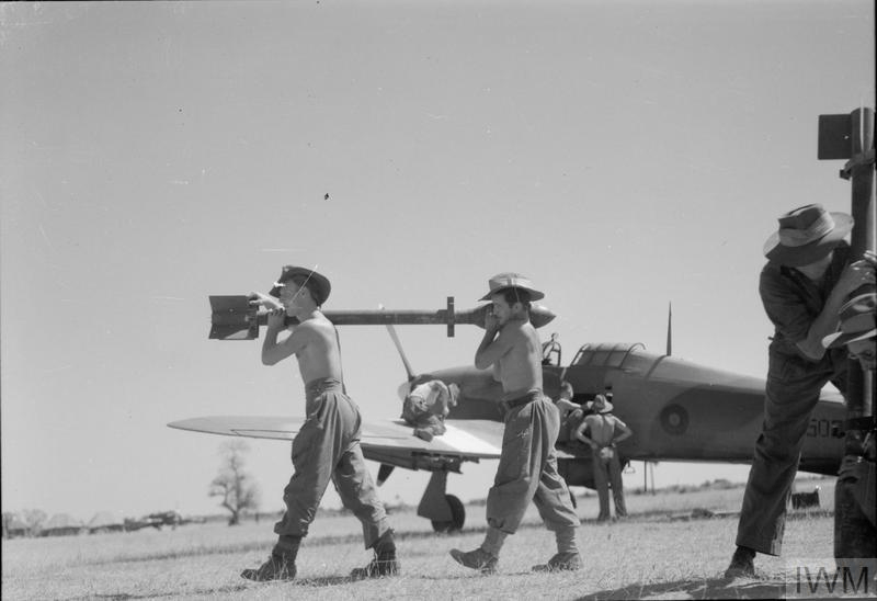 60-lb rocket projectile for loading onto a Hawker Hurricane Mk IV in Central Burma