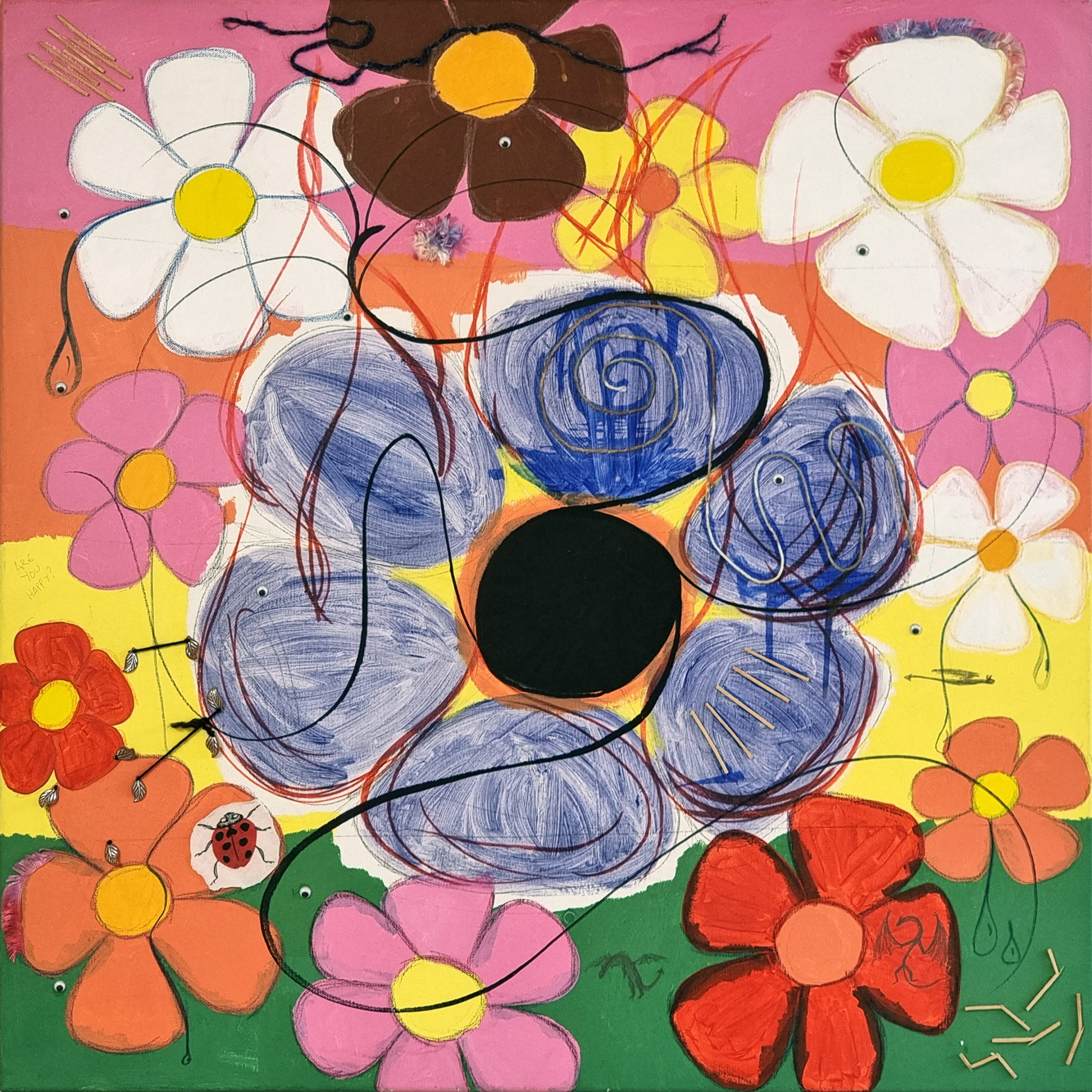 One big flower surrounded by smaller flowers on a colourful background covered in assorted collage elements