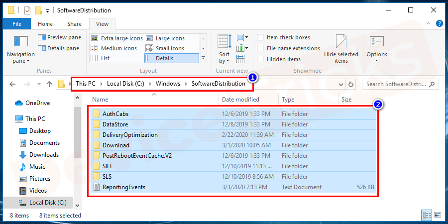 Here, click on Windows > SoftwareDistribution. Now, click Ctrl + A keys from the keyboard to select all the files of the SoftwareDistribution folder. After clicking on the delete button on the menu keys to delete all the files. Some of the files may not delete easily, try to delete each file independently. Make sure that download and Delivery Optimization files or folders deleted completely.