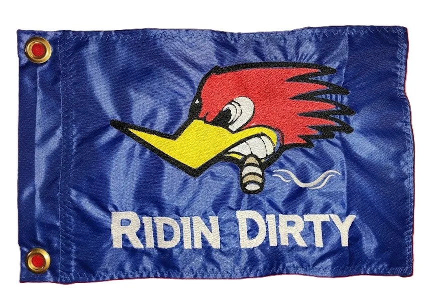 MR Horsepower Ridin Dirty safety flag with dense embroidered racing bird and white text on blue nylon rectangle with brass grommets