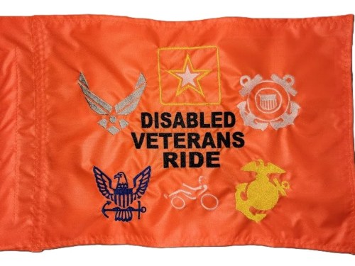 Disabled Veterans Ride safety flag with dense embroidered military branch logos and text on orange nylon rectangle with whip sleeve