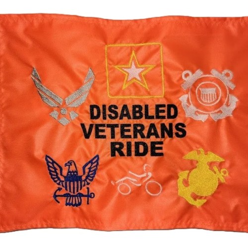 Disabled Veterans Ride safety flag with dense embroidered military branch logos and text on orange nylon rectangle with whip sleeve