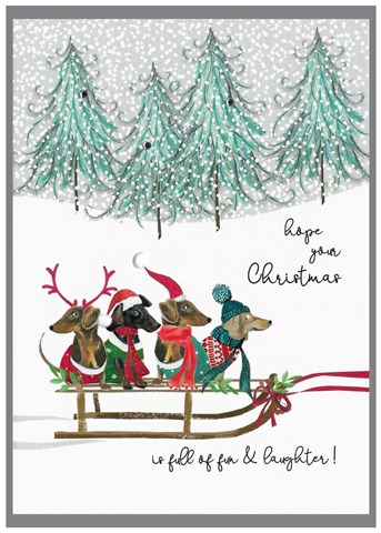 sausage dog on sleigh christmas card