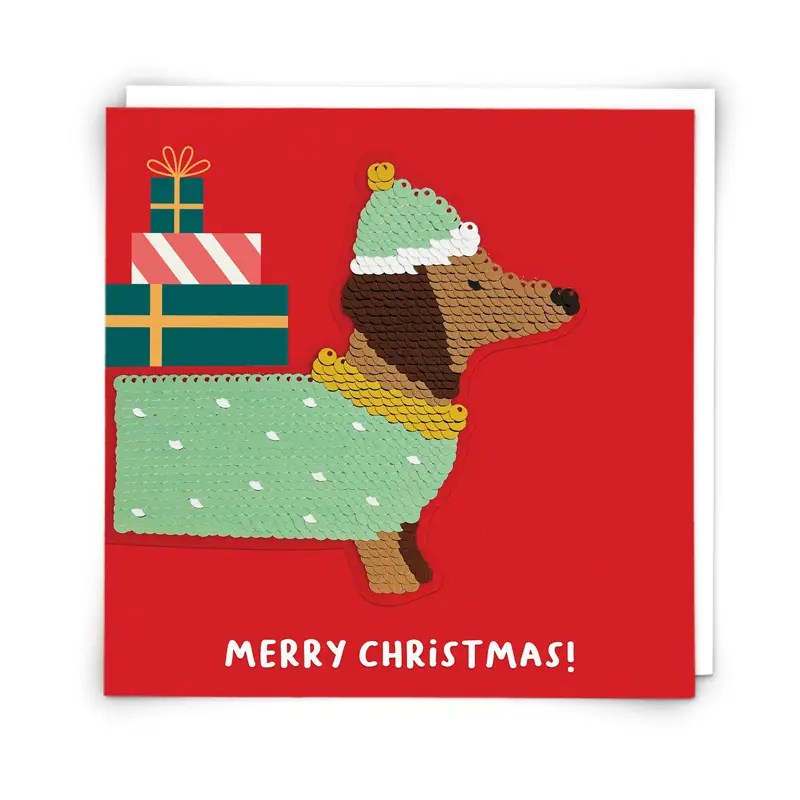 sequin sausage dog christmas card