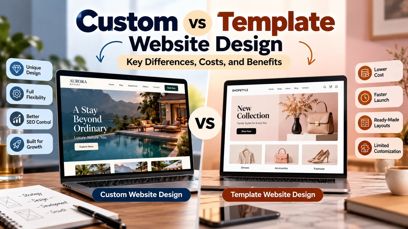 Custom vs Template Website Design: Key Differences, Costs, and Benefits