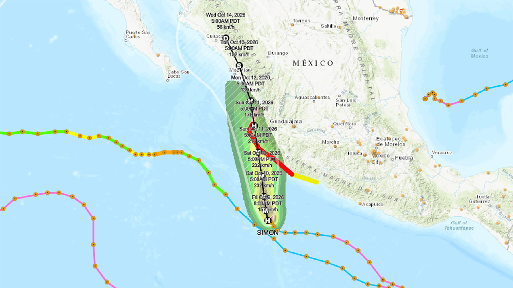 Hurricane Simon's track as seen on Oct. 9, 2026.