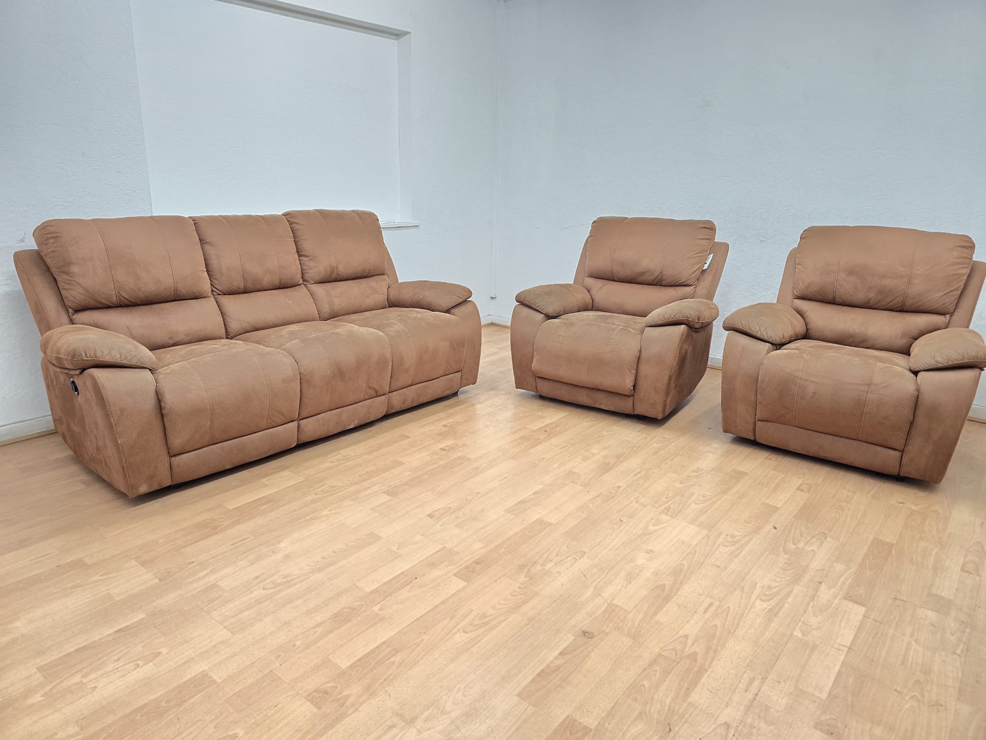 Harvey’s Suede Tan 3 Piece Suite Sofa and Chairs