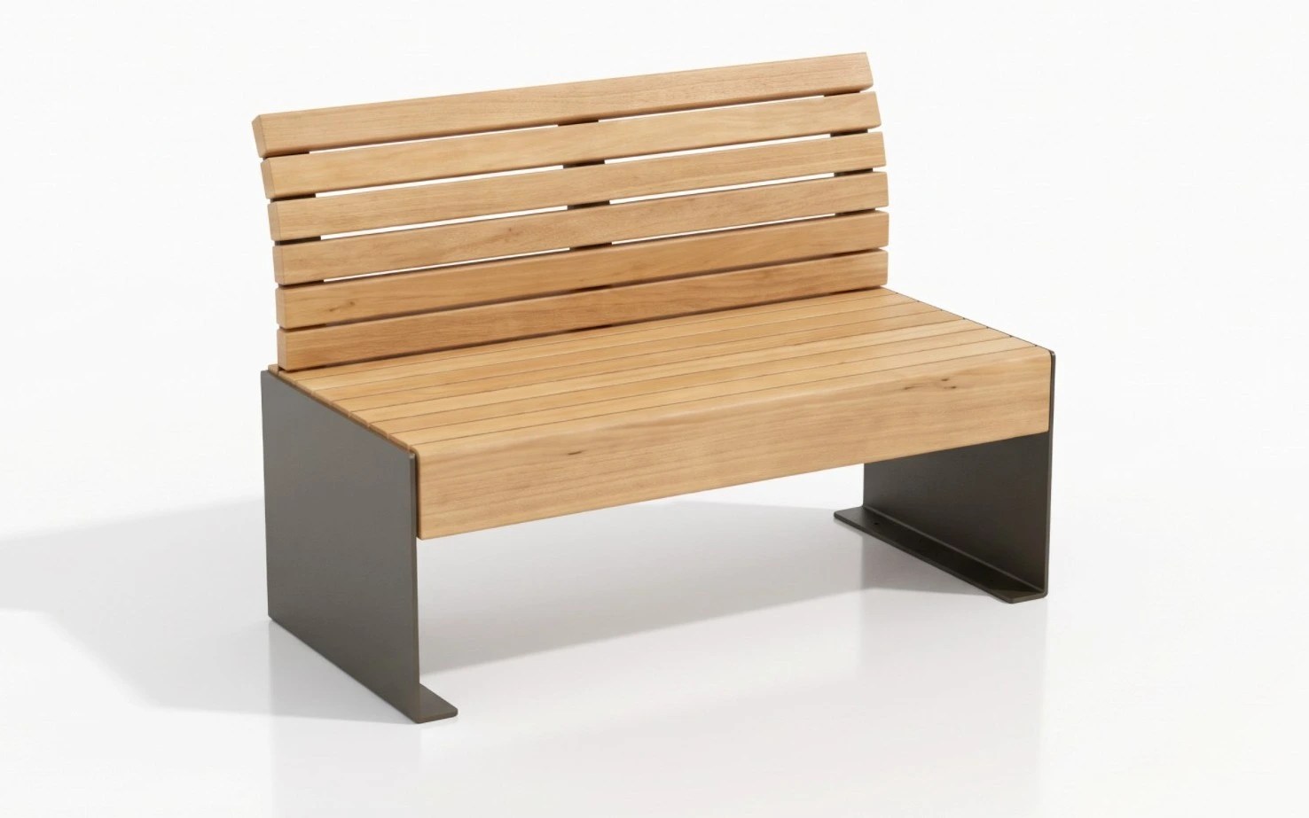 Alpine 2 Bench with curved slatted wood backrest and powder coated steel panel legs