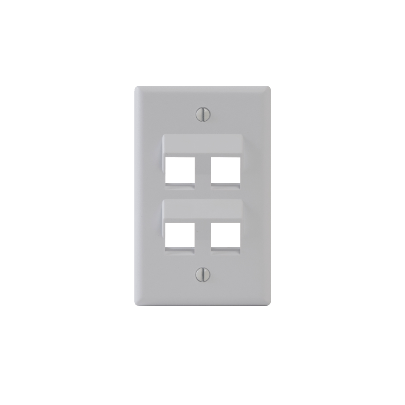 White double-gang wall plate with two empty switch openings and visible mounting screws at top and bottom