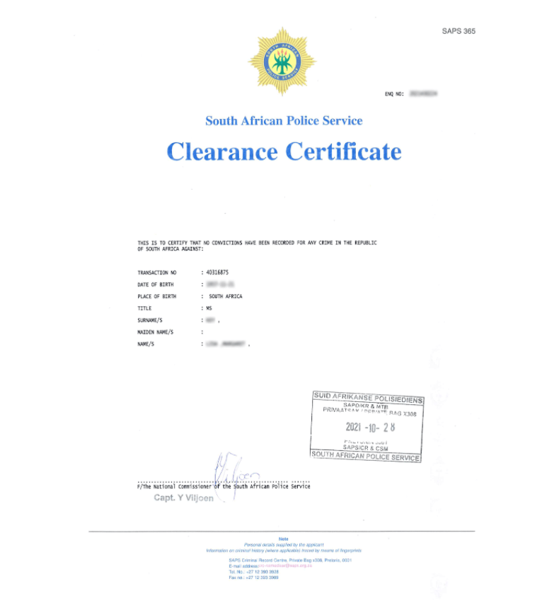 What does a police clearance certificate look like?