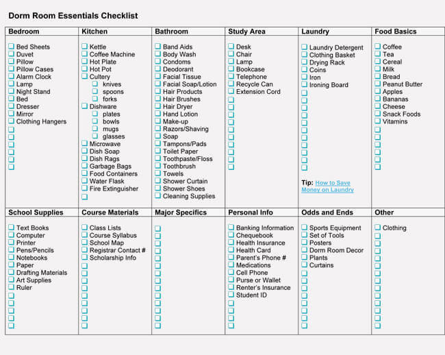 3 dorm room checklist samples for college