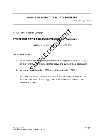 Notice Of Intent To Vacate Premises Canada Legal Templates Agreements Contracts And Forms
