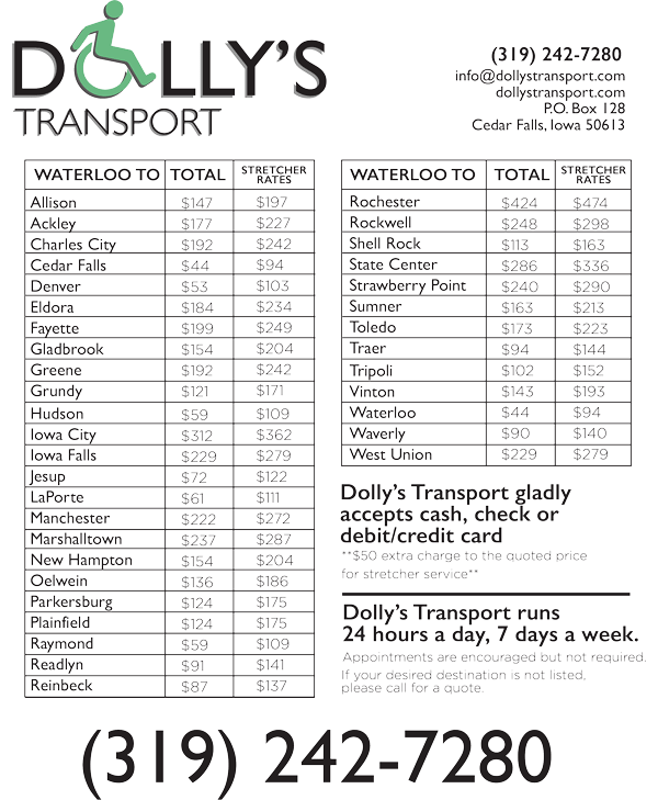 Dolly's taxi rates are $6 to pick up. Our Rates Van And Wheelchair Transportation Dolly S Transport