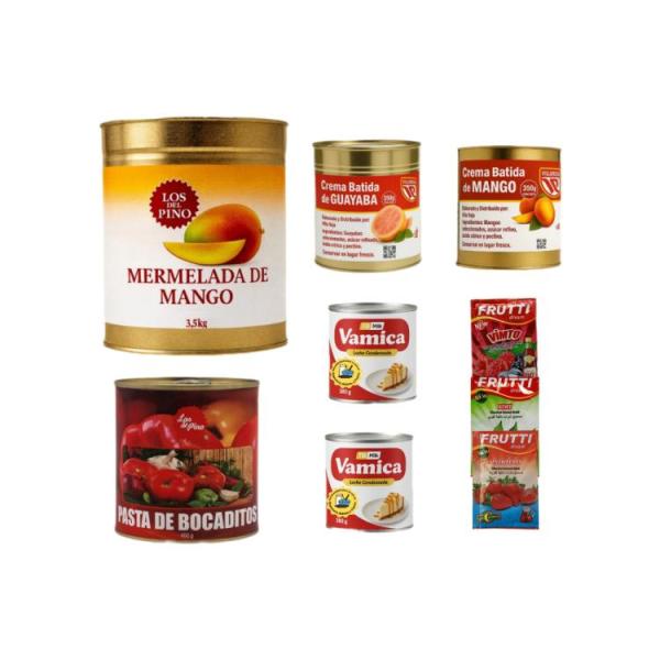 Mermelada de mango + Pasta de bocaditos +  Crema de mango  +  Crema de guayaba + Leche condensada +  Refresco instantáneo sabor vimto + Refresco instantáneo sabor fresa + Refresco instantáneo sabor kiwi