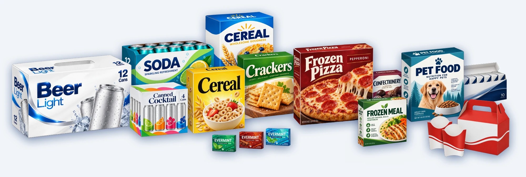 Folding cartons for beverages, food, snacks, confectionery, quick service restaurants, pet food, and tobacco