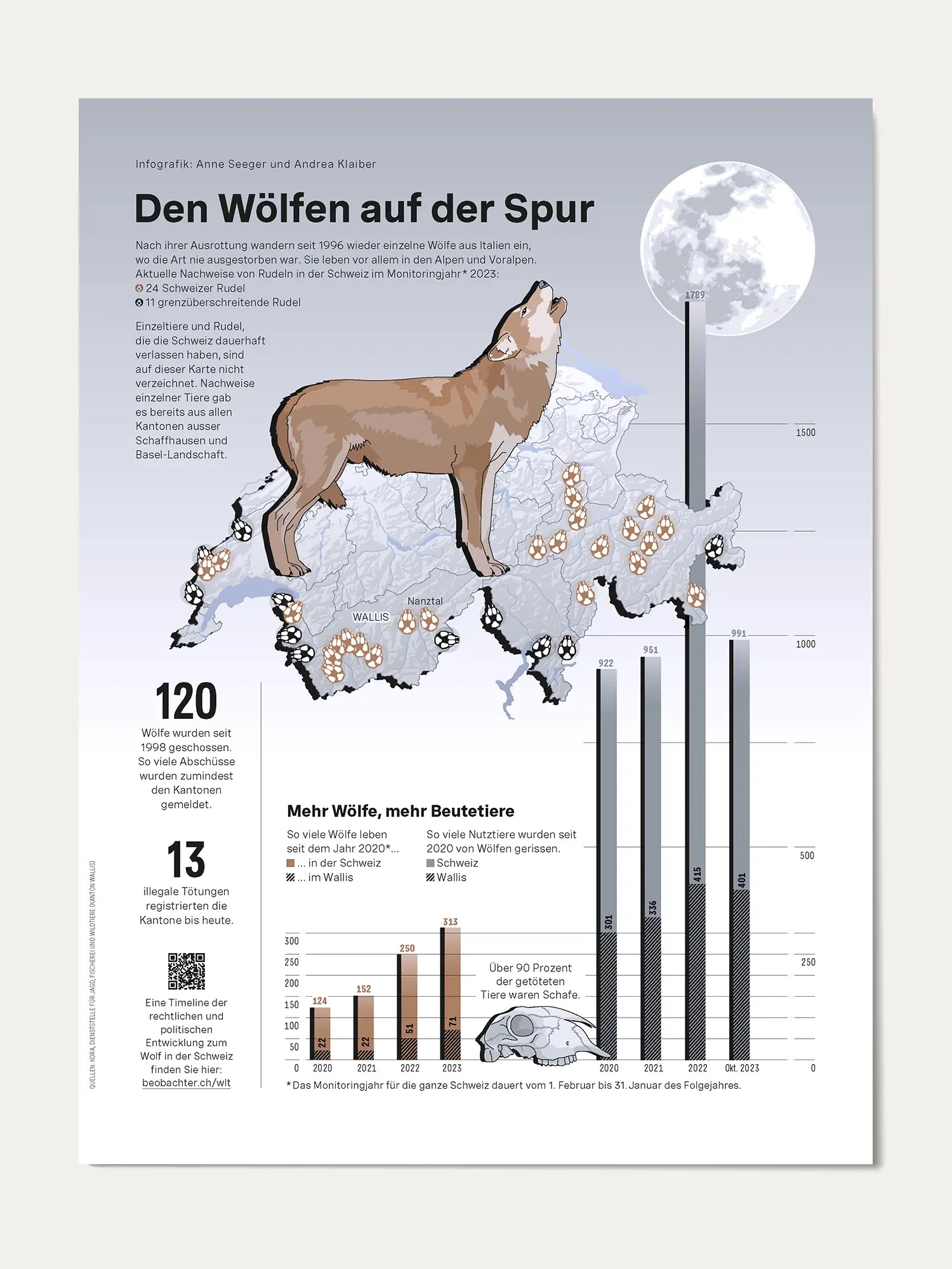 Wo der Wolf in der Schweiz vorkommt und wie viele Beutetiere er seit 2020 gerissen hat. Infografik für das Magazin «Beobachter» (Inhouse).