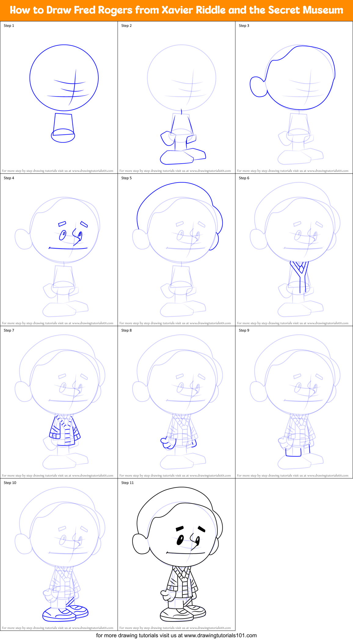 how to draw fred rogers from xavier riddle and the secret museum printable step by step drawing sheet drawingtutorials101 com