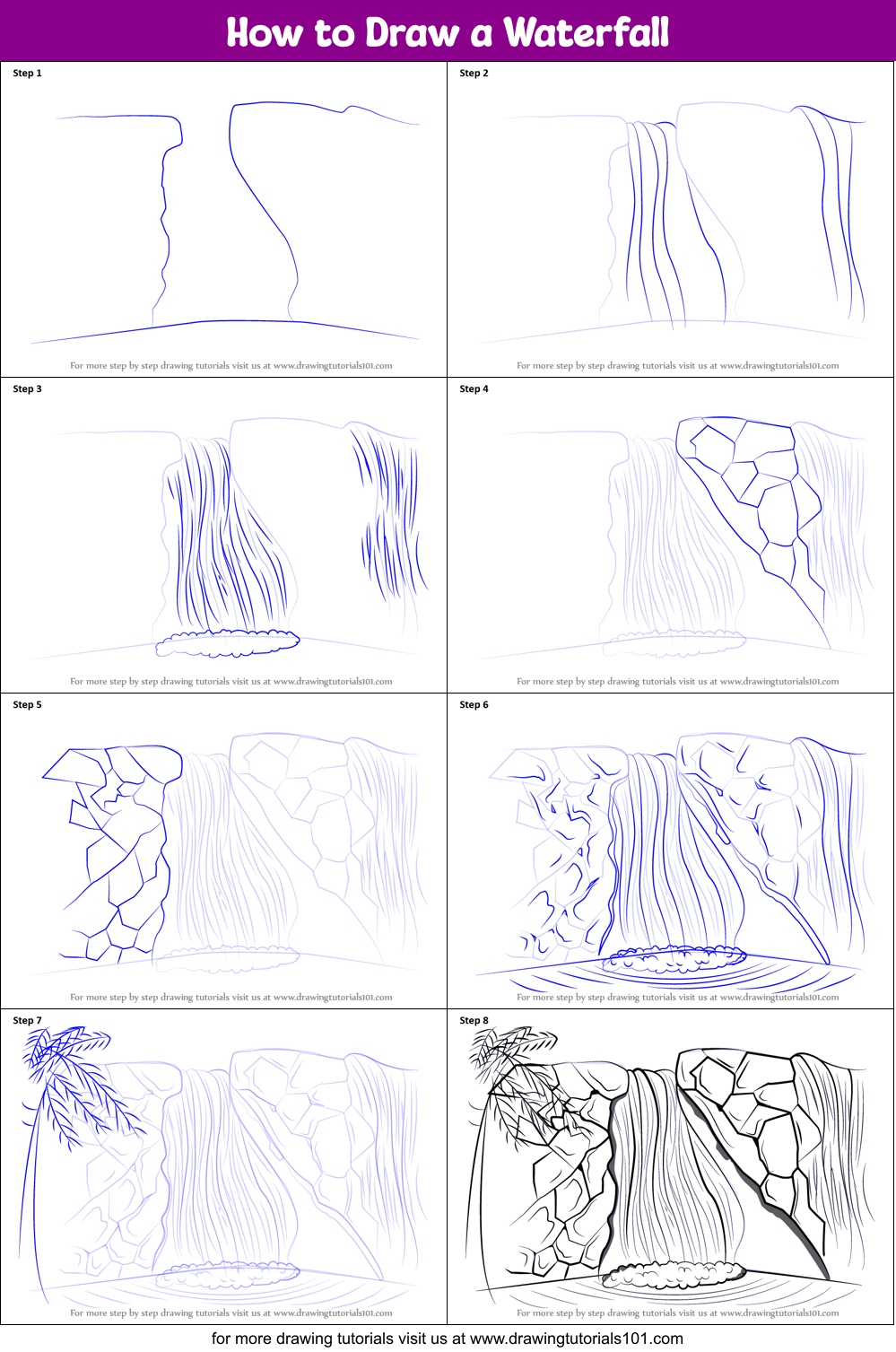 How to draw a landscape with pencil step by step … How to Draw a Waterfall printable step by step drawing