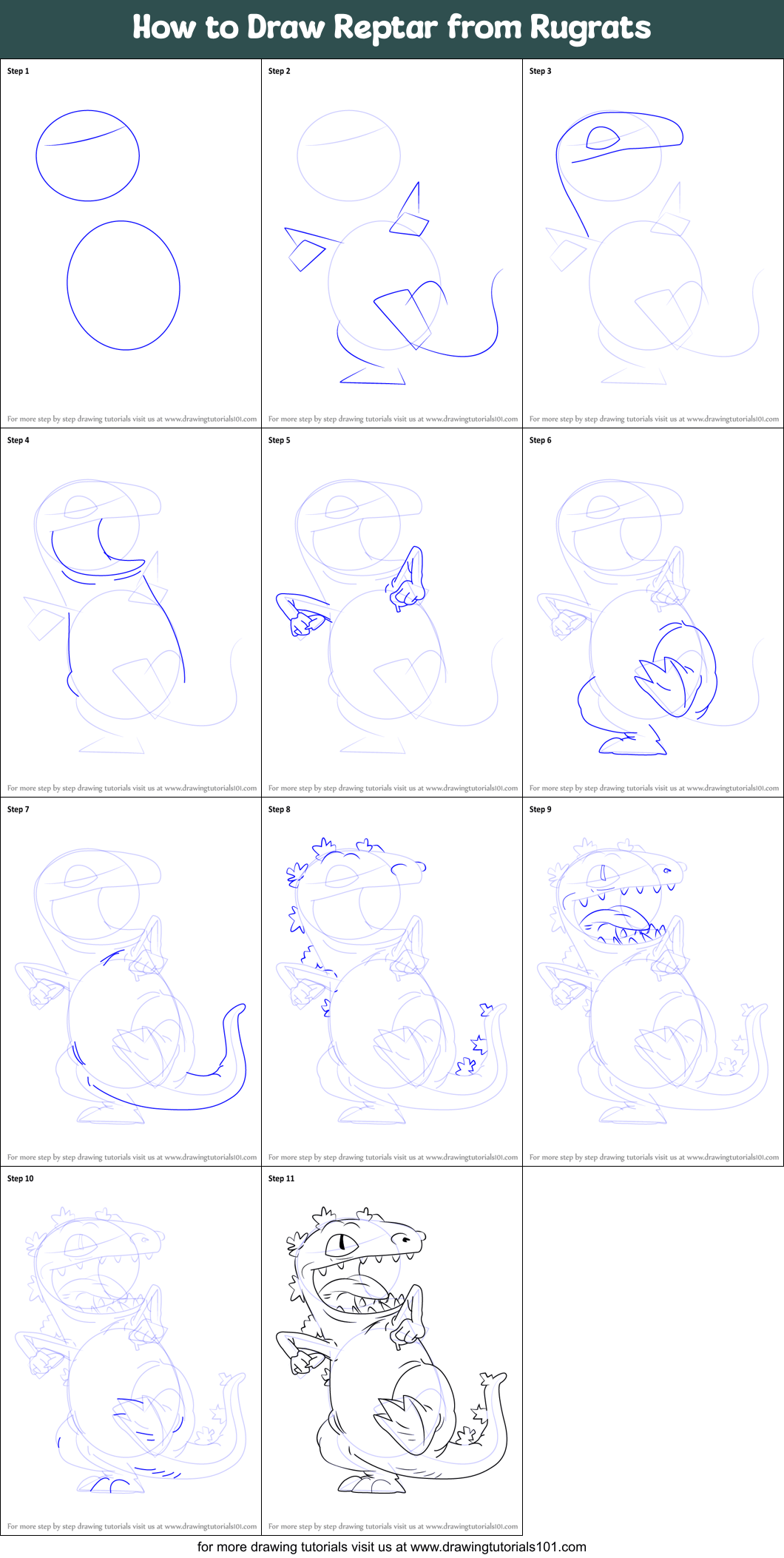 Just a casual little tutor. How to Draw Reptar from Rugrats printable step by step