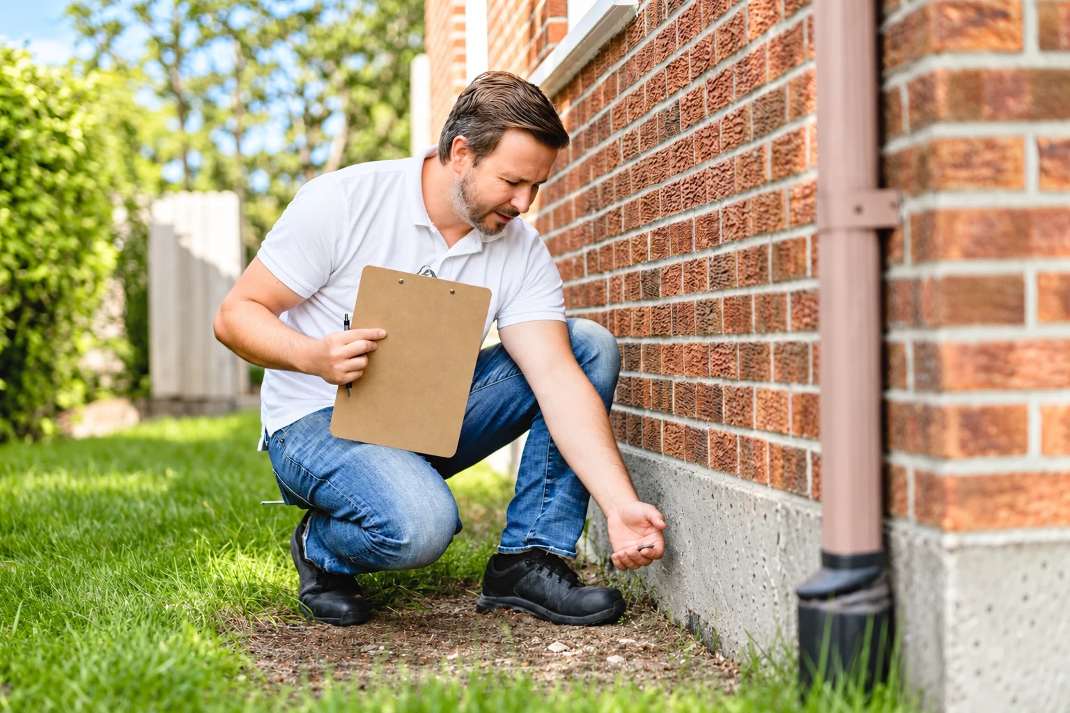 Inspector kneeling at foundation wall