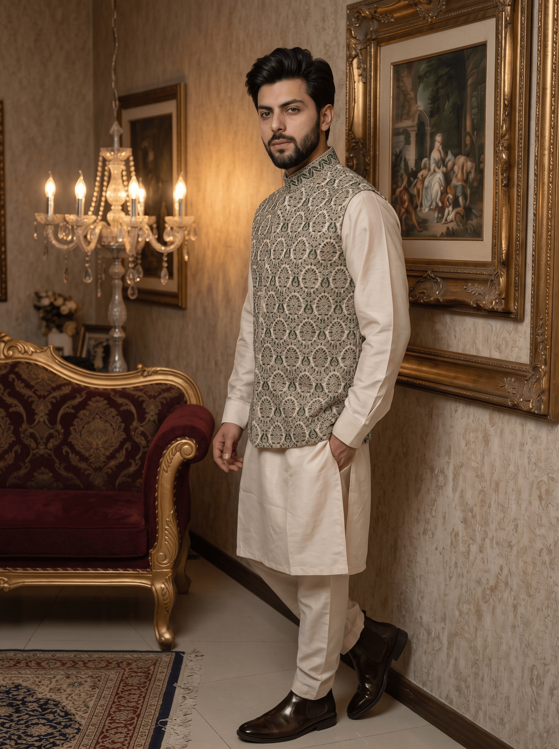 Green Self-Print Jamawar Embroidered Waistcoat for Men