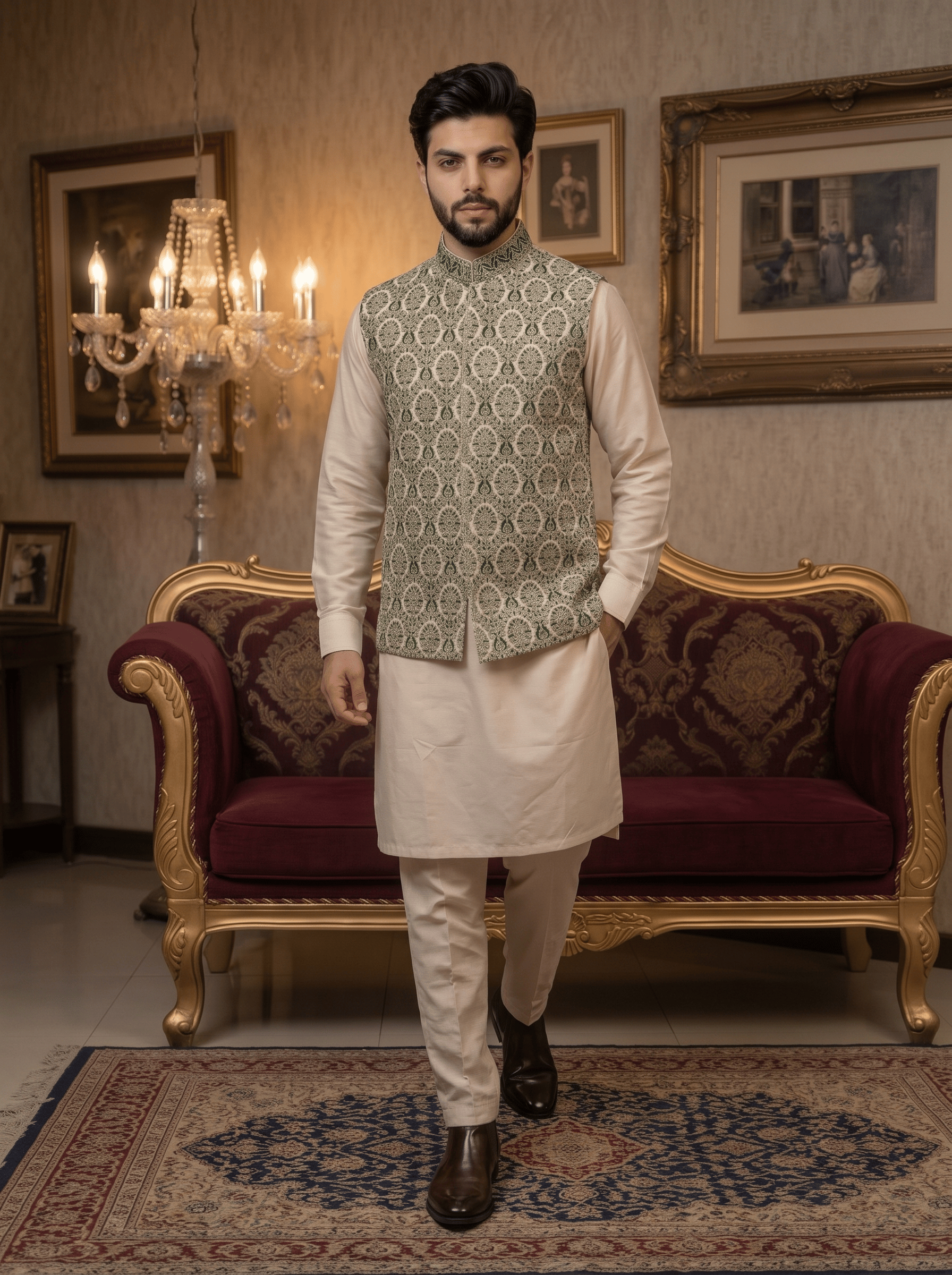 Green Self-Print Jamawar Waistcoat with Handmade Thread Embroidery for Men