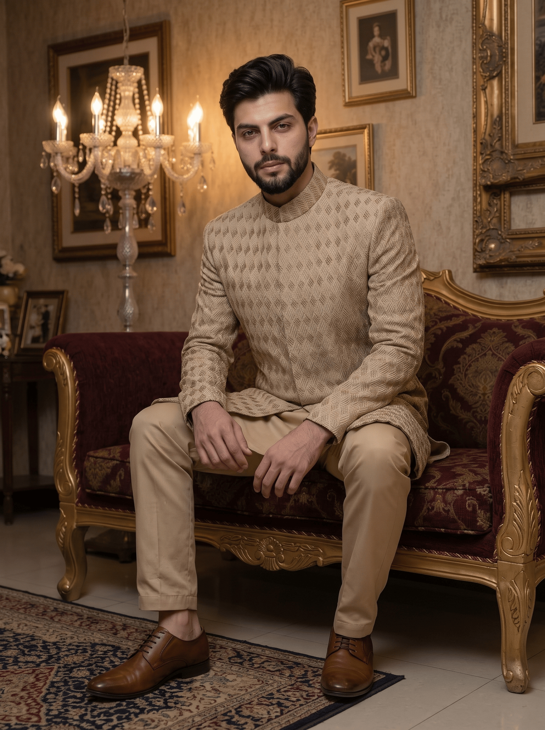 Beige Embroidered Groom Sherwani – Elegant Modern Wedding Look for Men