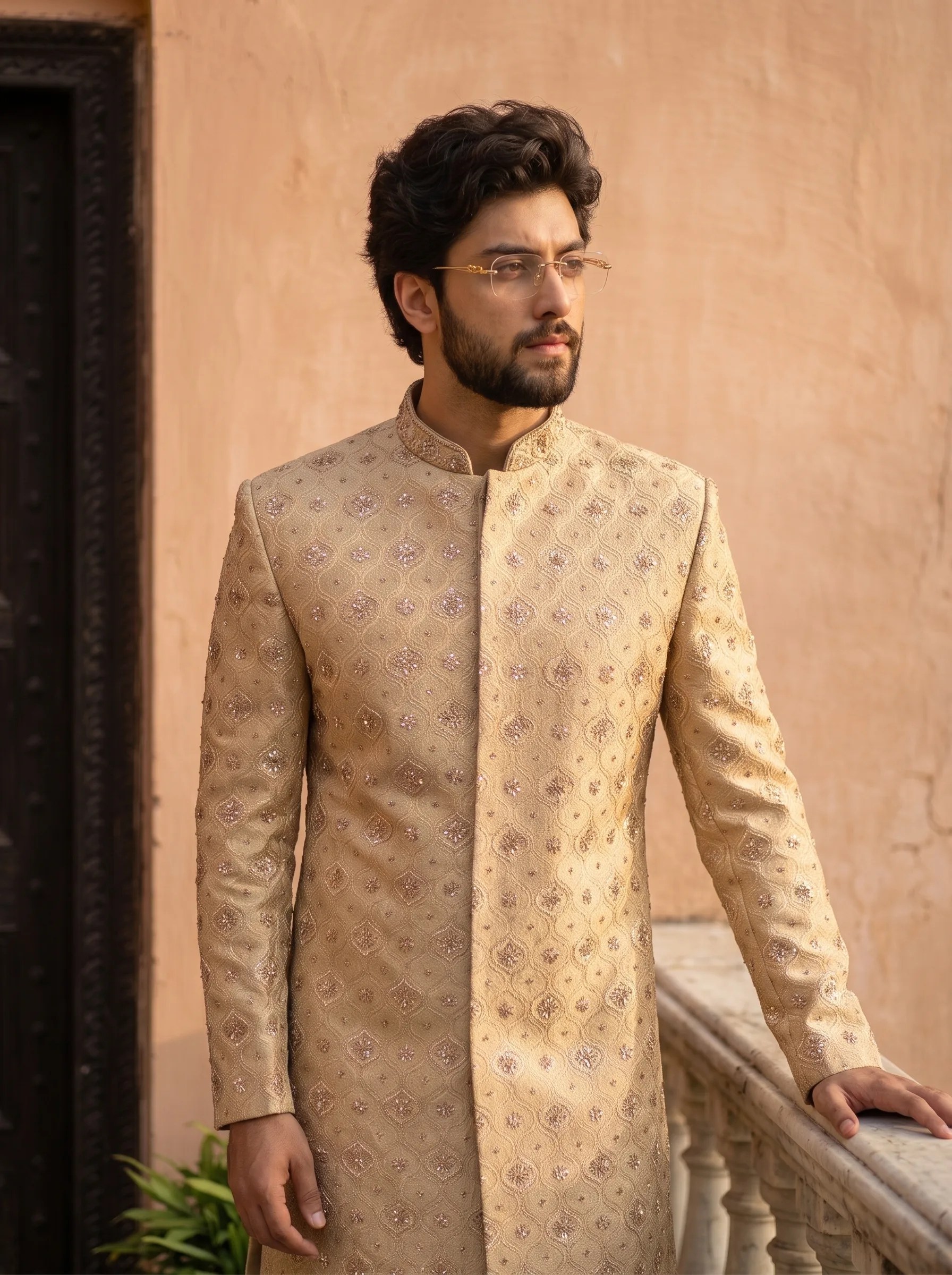 Men's champagne gold Jacquard sherwani with intricate hand embroidery, floral patterns, mandarin collar, and elegant asymmetrical front design.