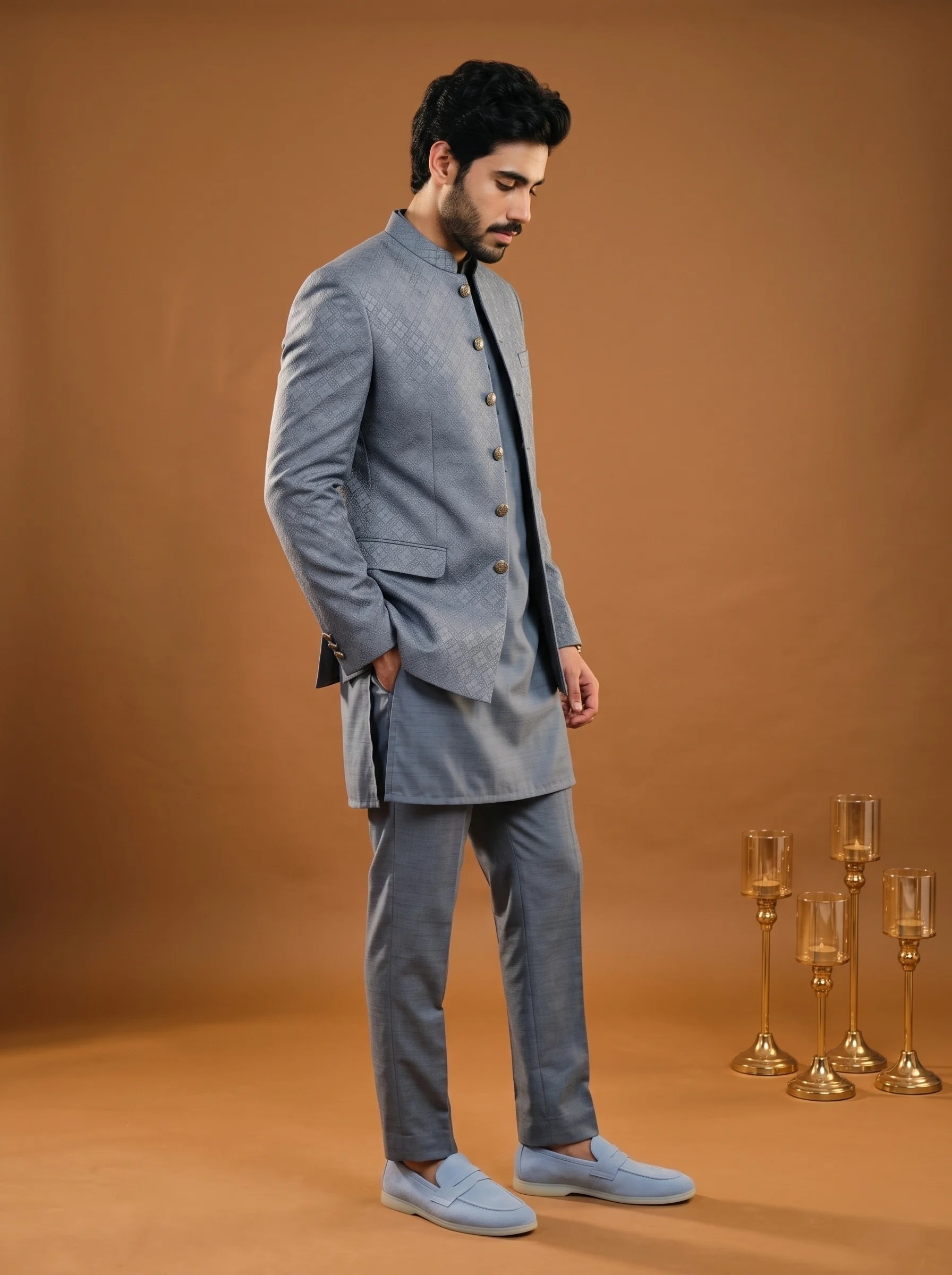 Men's steel grey jacquard prince coat with elegant metallic buttons and mandarin collar, paired with a matching silk kurta and trousers for weddings and formal occasions.