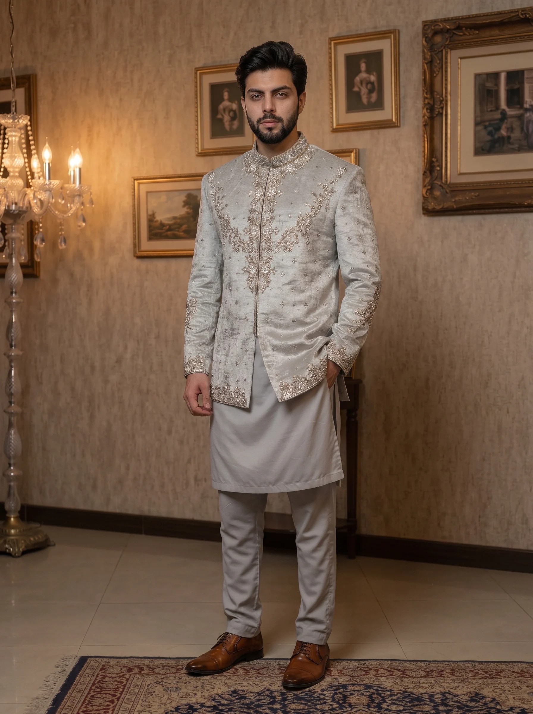 Ivory embroidered Prince Coat for men with elegant detailing, paired with white shalwar kameez for groom and wedding wear.