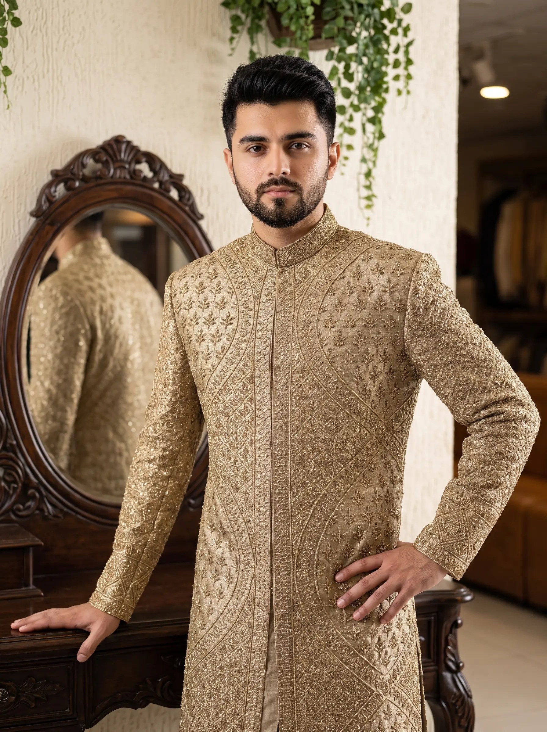 Royal golden hand-embroidered men's wedding sherwani with intricate floral and geometric patterns, elegant mandarin collar, and matching golden trousers.