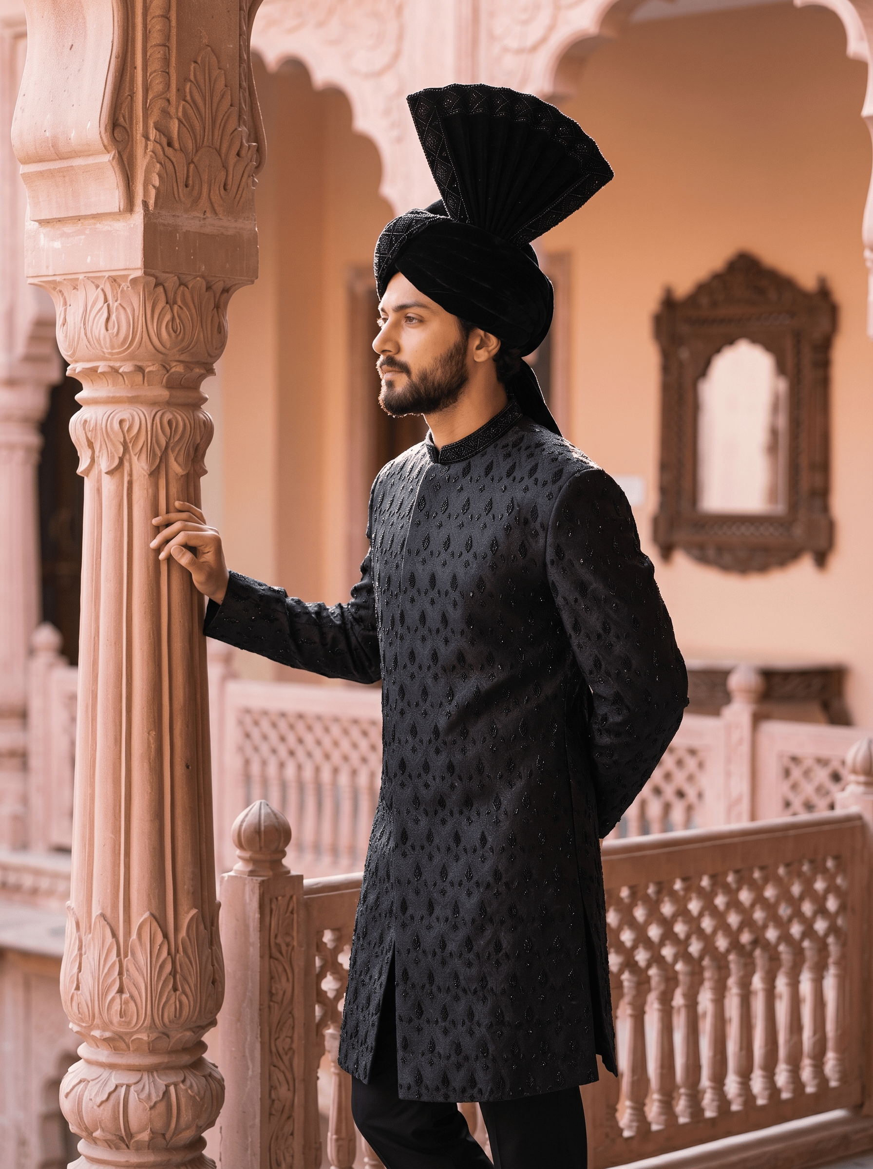 Royal black Jacquard hand-embroidered groom sherwani with textured detailing, mandarin collar, and traditional black turban.
