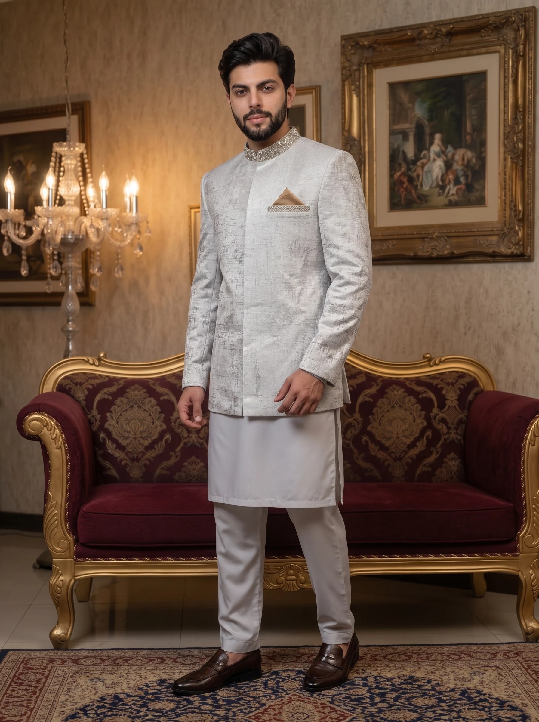 Luxury silver Prince Coat for men with embellished collar and textured design, paired with white shalwar kameez for weddings and groom wear.