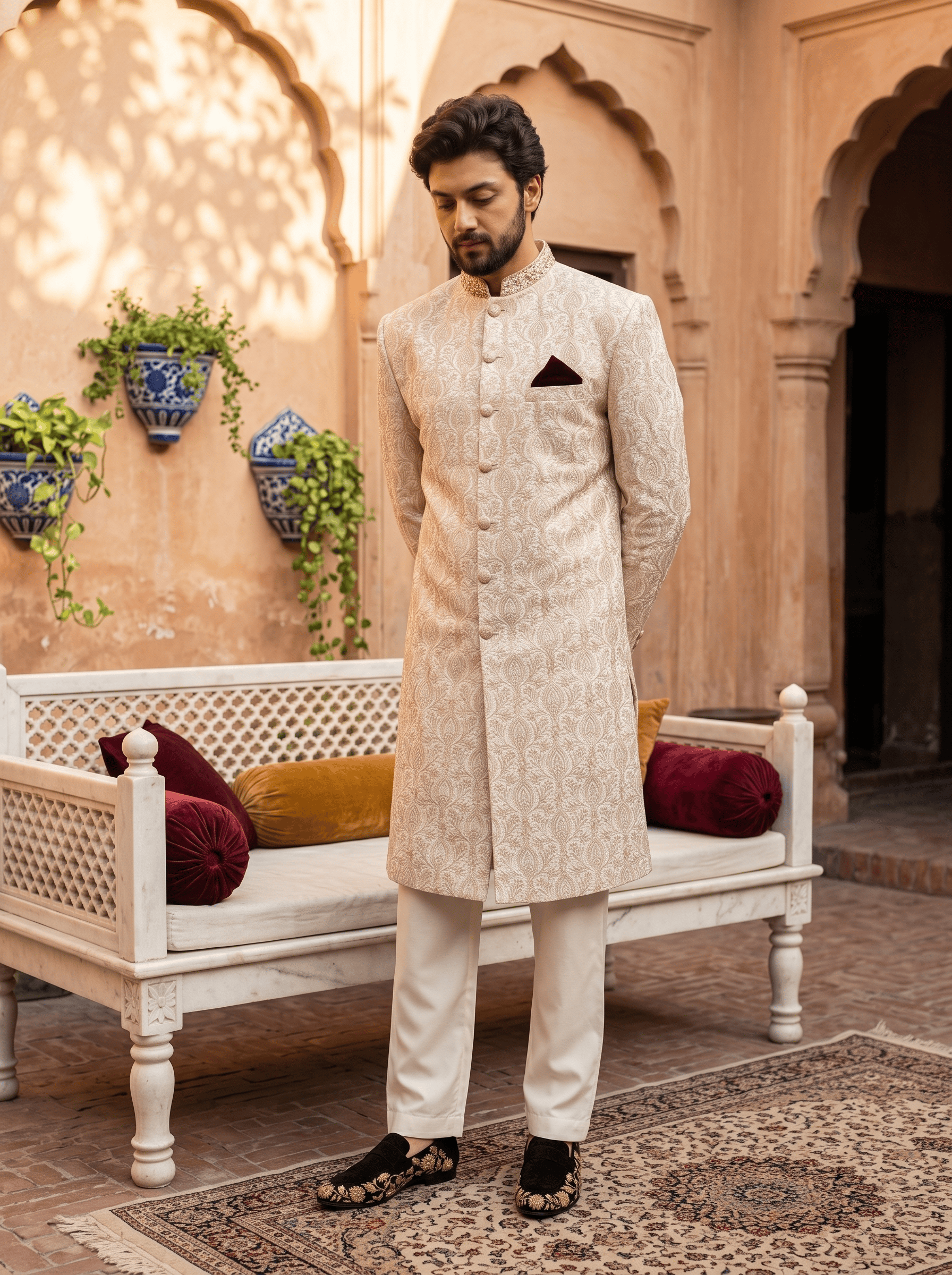 Royal ivory jacquard hand embroidered sherwani for men with mandarin collar, intricate woven patterns, matching trousers and traditional wedding shoes.
