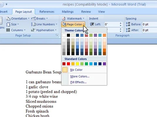How to add background color to your page in word 2007