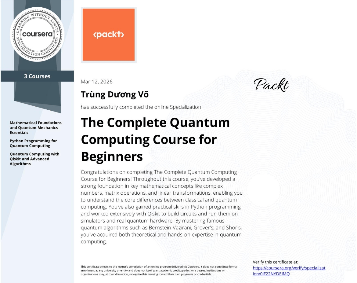 Certificate - Quantum Computing - Võ Trùng Dương (Vo Trung Duong)