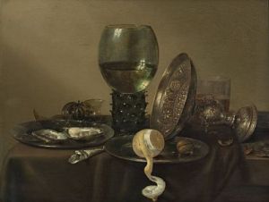 Willem Claeszoon Heda - Stilleven met oesters, roemer, citroen en een zilveren pronkschaal