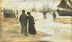 Strand met wandelende mensen en boten - Vincent van Gogh, 11 september 1882