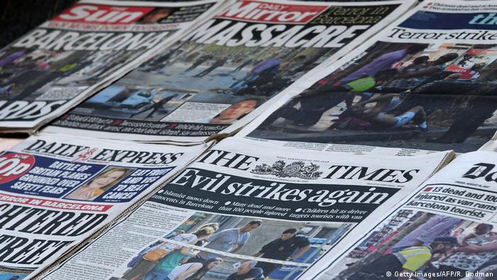 Передовицы британских газет после теракта в Барселоне 17 августа 2017 года