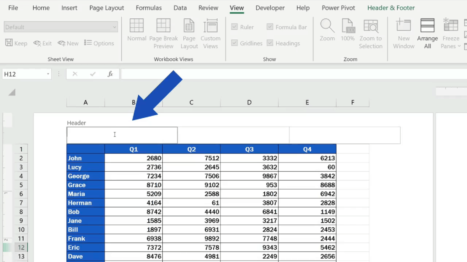 How to add a header in excel
