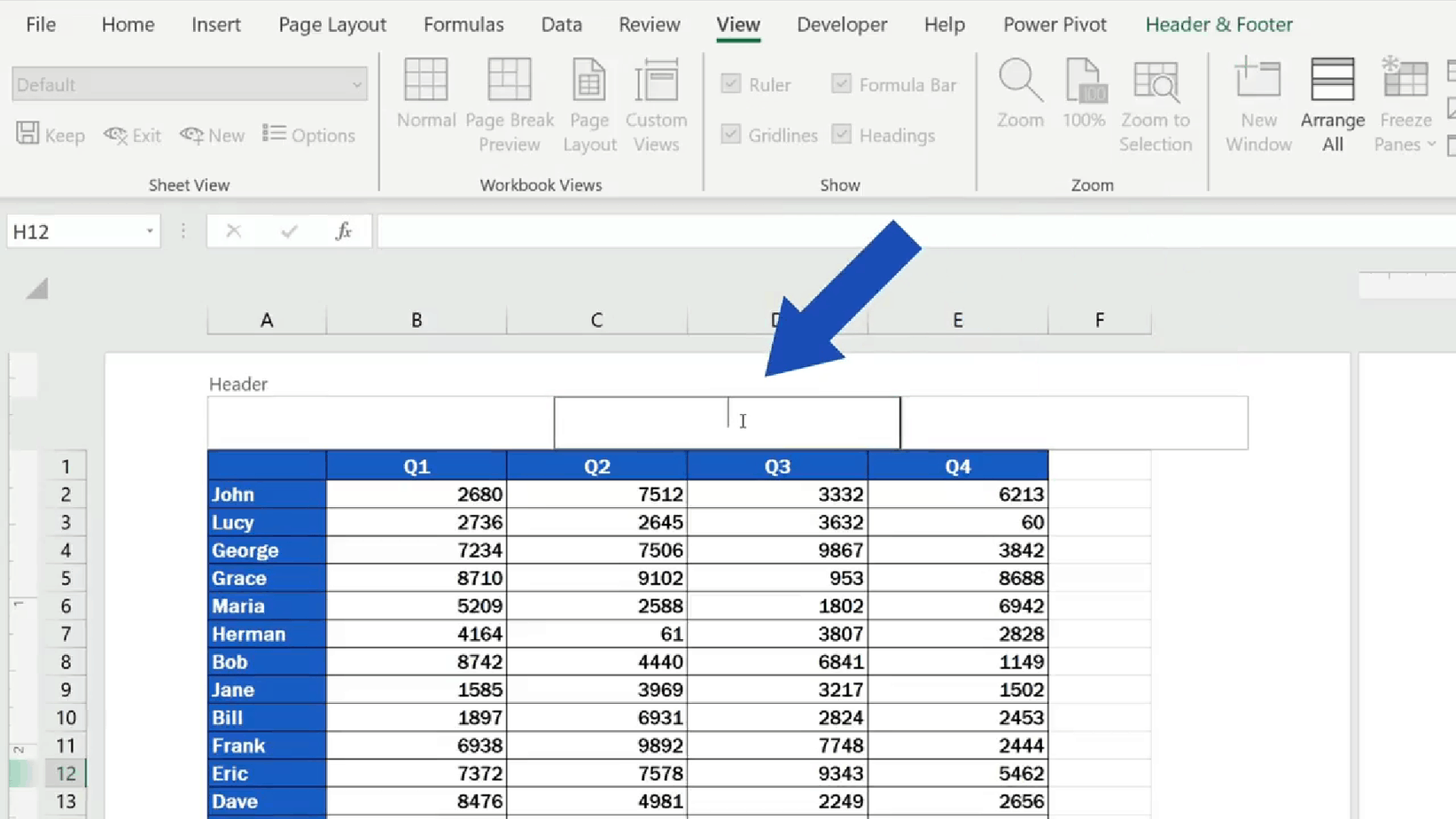 How to add a header in excel