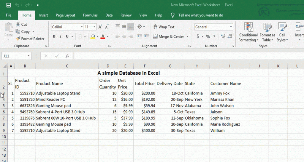 Create the table in Excel