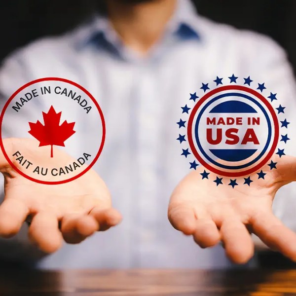 Made in Canada and Made in USA labels floating above a man's hands